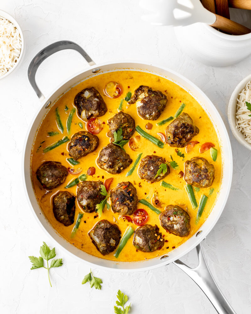 Coconut Beef Curry Recipe with Meatballs in the Cosmo Pan by Cosmic Cookware